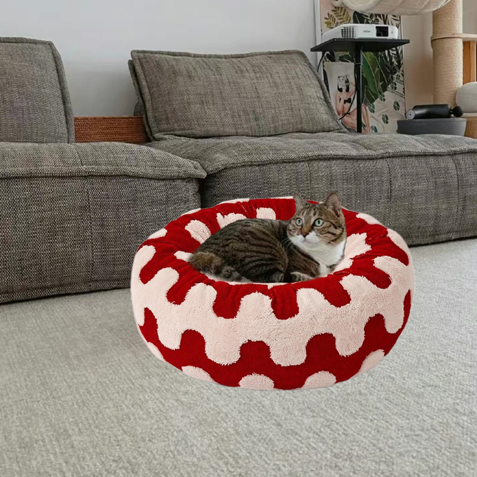 Donut Small Dog Bed - Round Cat Beds for Indoor Cats Calming Pet Beds, Cute Modern Beds with Jacquard Shaggy Plush & Anti Slip Bottom, 15.7 Inch Dia