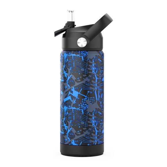 Ntswasd Botella De Agua Para Niños Con Pajita, Vasos Aislados Para Niños De 18 Oz Con Acero Inoxidable A Prueba De Fugas Para Deportes Escolares Y Viajes (Geometría-Azul)
