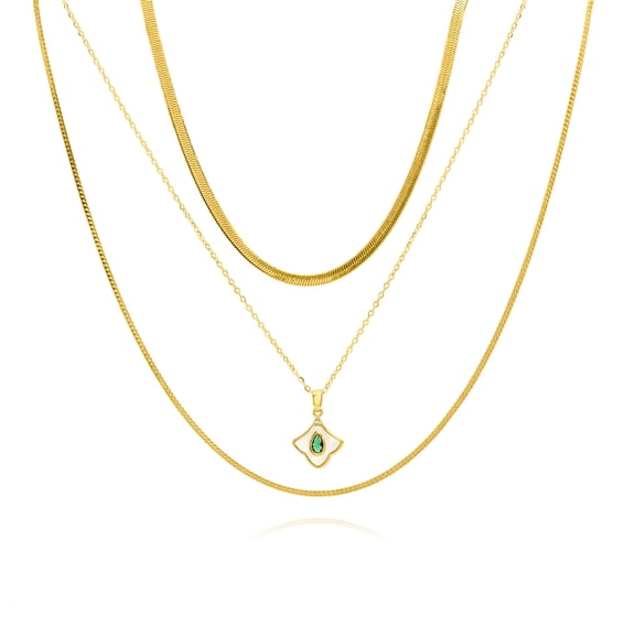 JeenMata Multiple 3 pcs Layered Necklace with Pear Cut Emerald and Pearl Pendant in Yellow Gold Plated
