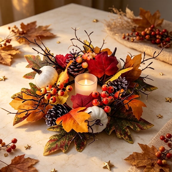 Pumpkin Candle Wreath, Artificial Maple Leaf Glass Cup Decor, Halloween Thanksgiving Table Centerpiece, Autumn Harvest Ring Decoration For Mantel Shelf Dining Table Home Holiday Decor
