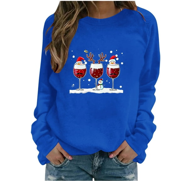 Fmbrln Sweatshirt for Women Long Sleeve Crew Neck Christmas Cute Wine Glass Print Pullover Tops