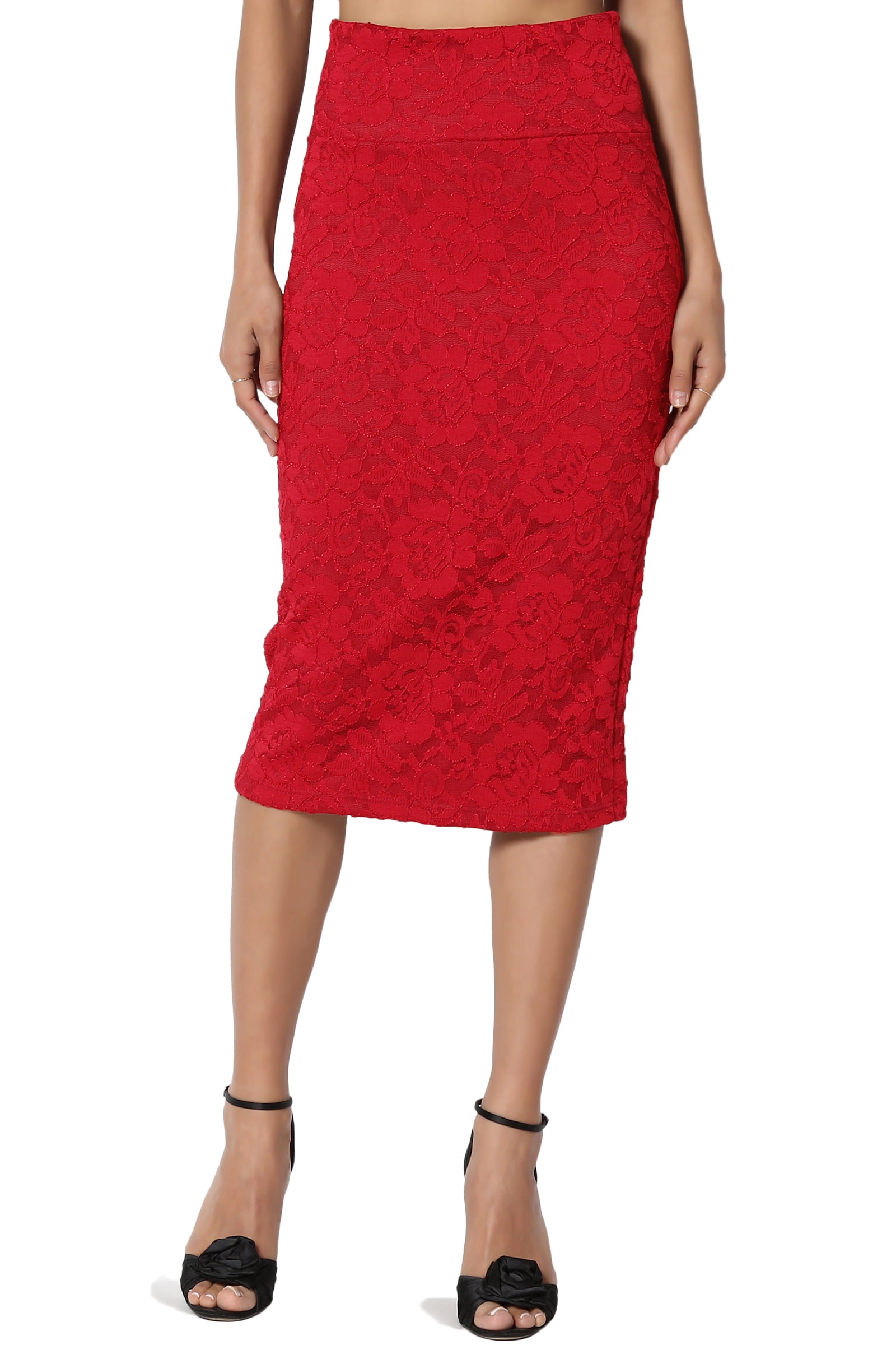 TheMogan Junior's Embroidered Floral Lace High Waisted Below Knee Midi