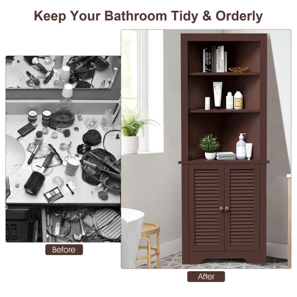 Finihen Storage Cabinet, Floor Cabinet, Free Standing Tall Bathroom Corner Storage Cabinet with 3 Shelves, for Bathroom, Living Room, Bedroom, Kitchen, Brown