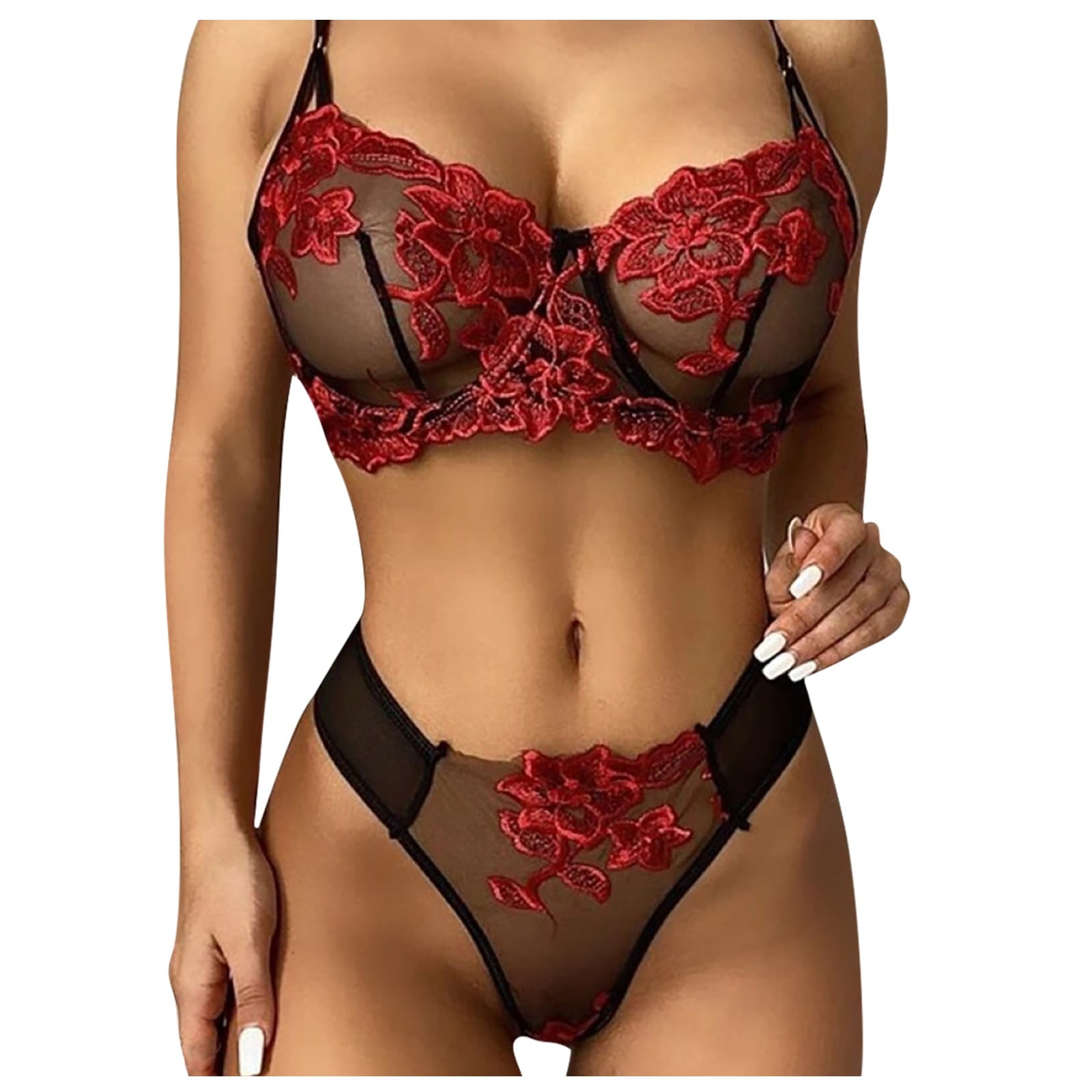 BIZIZA Sexy Lingerie Floral 2 Piece Womens Sexy Embroidered Bra and Panty  Mesh Underwear for Women Red M 