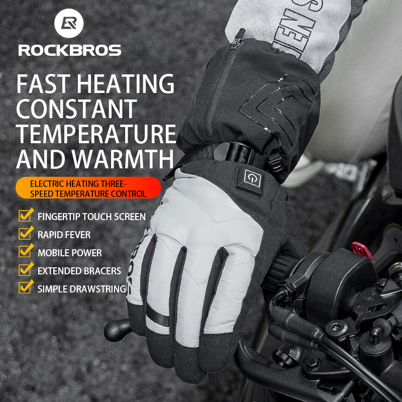 ROCKBROS Electric Heated Bike Gloves Winter Ski Gloves Motorcycle Full Gloves 4000mAh Rechargeable Battery Thermal Mittens Gloves Men