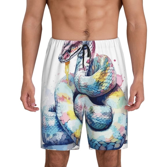 Tideii Watercolor Snake Print Men's Short Pajama Pants, Elastic Pocket Summer Pajama Pants Sleepwear, Lounge Pants-Small