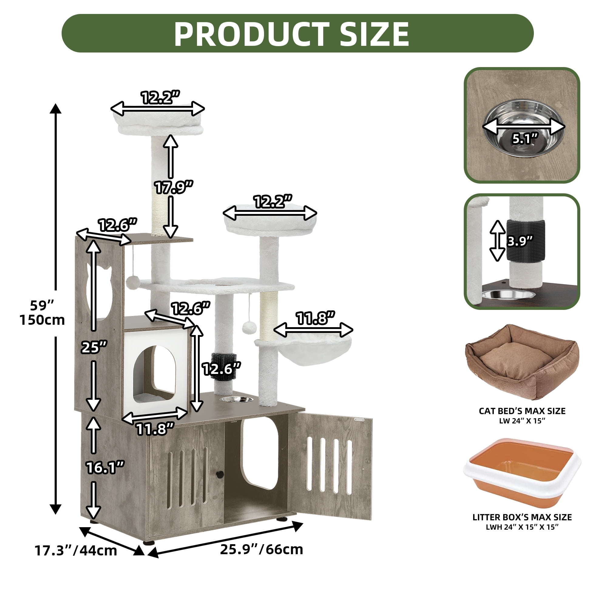 Uforic 59" Modern Wood Cat Tree for Indoor with Litter Box Enclosure and Cat Condo, 2-in-1 Cat Furniture with Scratching Posts & Hammocks, Gray