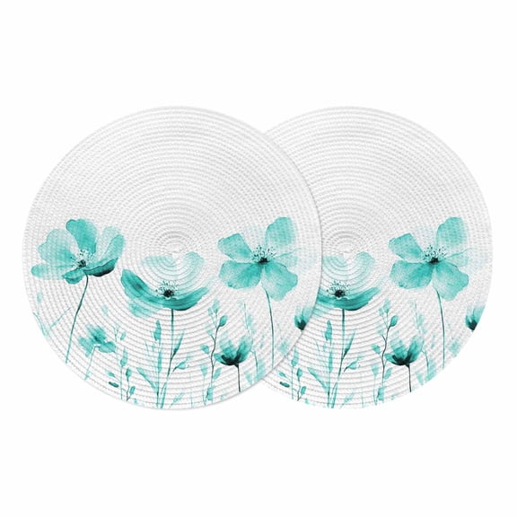 Blue Aqua Flower Round 13 Inch Placemats Set of 2, White Floral Plant Herb Botanical HeatResistant Non Slip Place Mats for Dining Table, Wipeable Braided Kitchen Table Mats for Housewarming