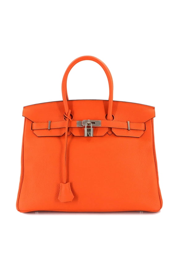 Pre-Owned Hermes Birkin 35 Togo Leather, Feu Orange, Handbag, T Stamp, Silver Hardware