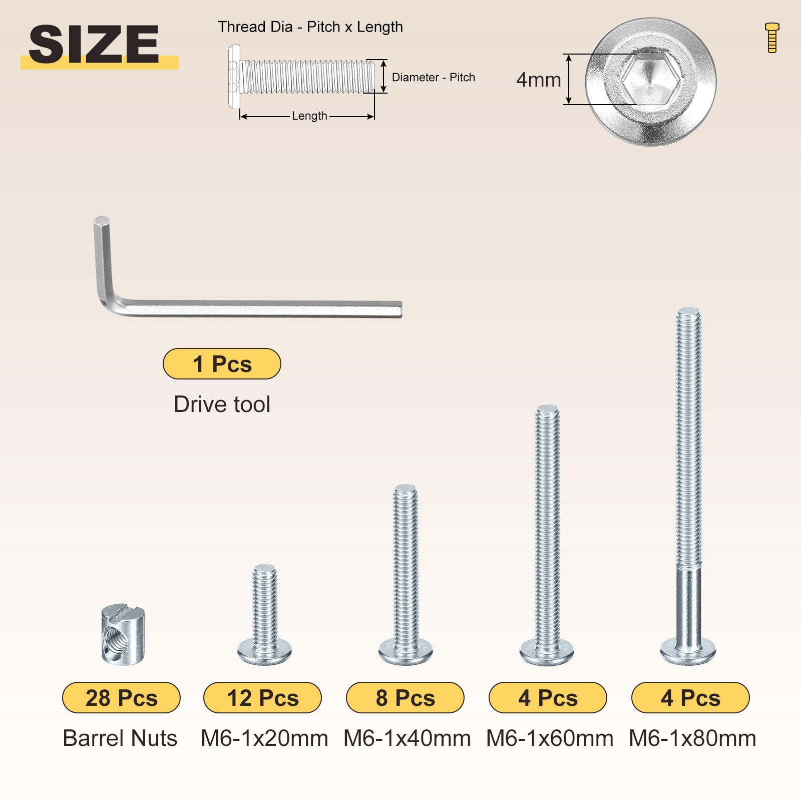 Furniture Connector Bolt Cap Nut Kit with Wrench(M6-1x40/50/60/70/80mm) 36Pcs, Connector Bolt M6 Countersunk Screw Barrel Nuts Binding Screws, for Chair Cabinet Bed, Yellow