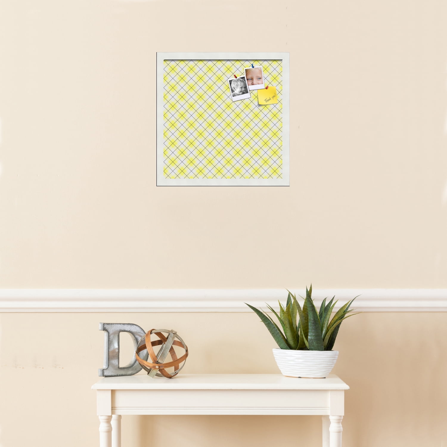 PinPix ArtToFrames 14x14 Custom Cork Bulletin Board Argyle Bright Yellow   Poster Board Has a Fabric Style Canvas Finish, Framed in Satin White Frame (PinPix-647)