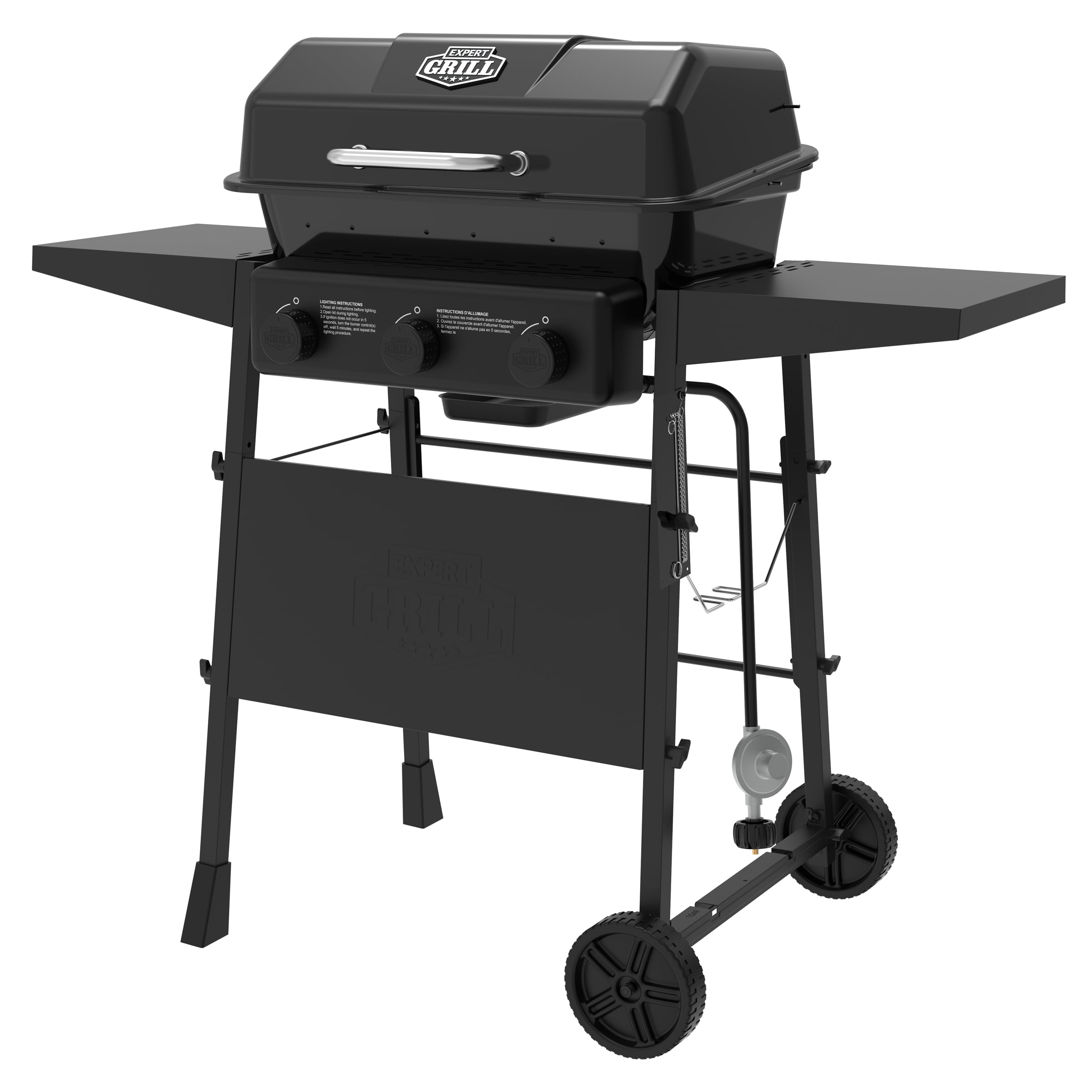 Expert Grill 3-Burner Propane Gas Grill with Side Shelves and Wheels, Black
