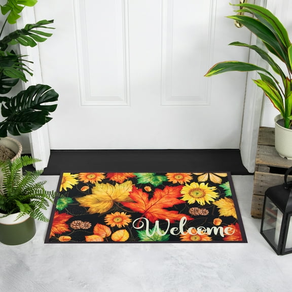 Maple Leaves and Sunflowers Welcome Fall Harvest Outdoor Doormat - 17.75" x 29.5"