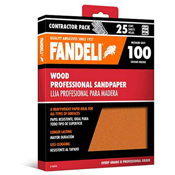 Fandeli 36010 100 Grit Wood Sandpaper Sheets, 9" x 11", 25Sheet
