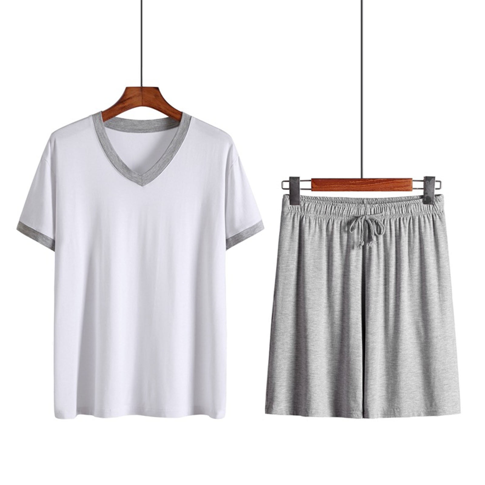Mens Pajamas Adult Male Fuzzy Pajama Pants Men s Pyjamas Set Pyjamas Lightweight Quick Drying Short Sleeved V Neck Shirt and Shorts Clothes White XXL
