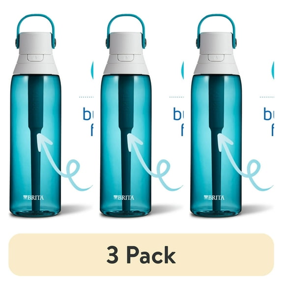 (3 pack) Brita 26 oz Sea Glass Plastic Filtered Water Bottle, Reduces Chlorine, Leak Proof with Straw