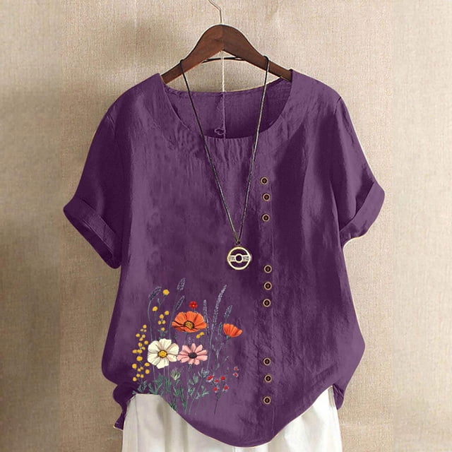 Aqestyerly Haut à Manches Courtes en Solde, T-Shirt Décontracté en Lin à Col Rond Imprimé à Manches Courtes pour Confort Quotidien/violet(L)