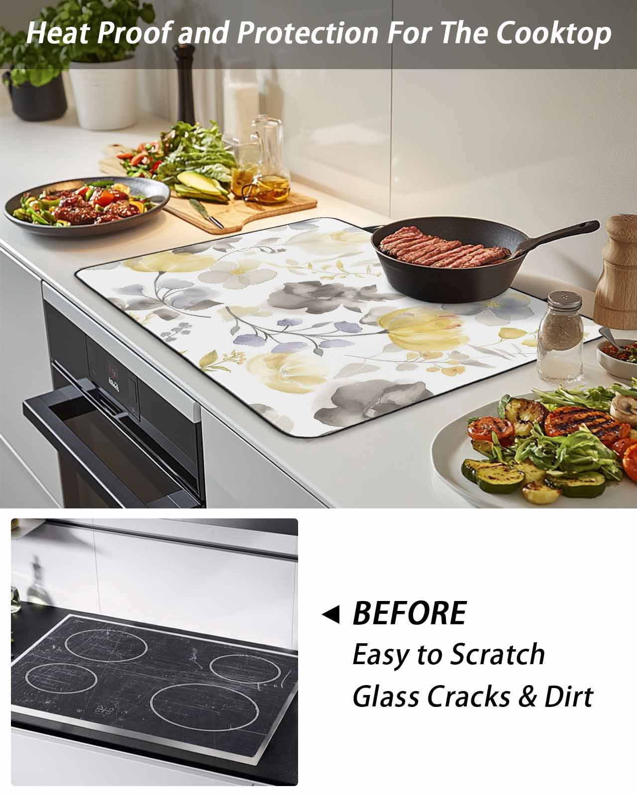 Stove Top Covers for Electric Stove, Yellow Grey Botanical Glass Stovetop Cover Protector, Spring Floral Watercolor Induction Cooktop Protector Oven Mat for Kitchen Countertop 24"x21"
