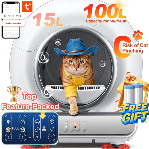 Self Cleaning Cat Litter Box, 115L Automatic Litter Box w/ Liner, 10 Sensor Protection for Multi Cat, Dual APP  Panel Control,Odor Removal,Litter Box