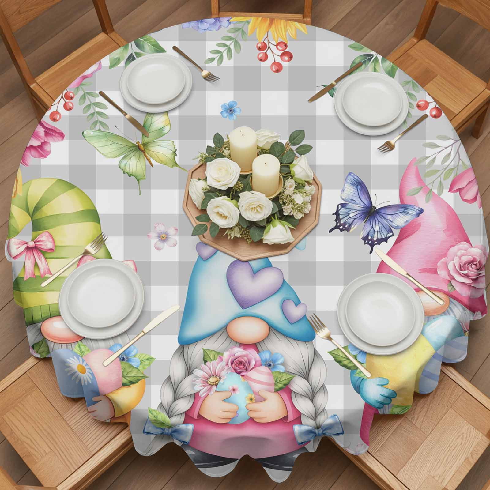 Round Tablecloth Spring Gnomes Easter Waterproof Oil Proof Polyester Table Cloth Cover Decor for Home Dining Outdoor,Patio,Parties, 54" Dia. Flowers Butterflies Grey Plaid