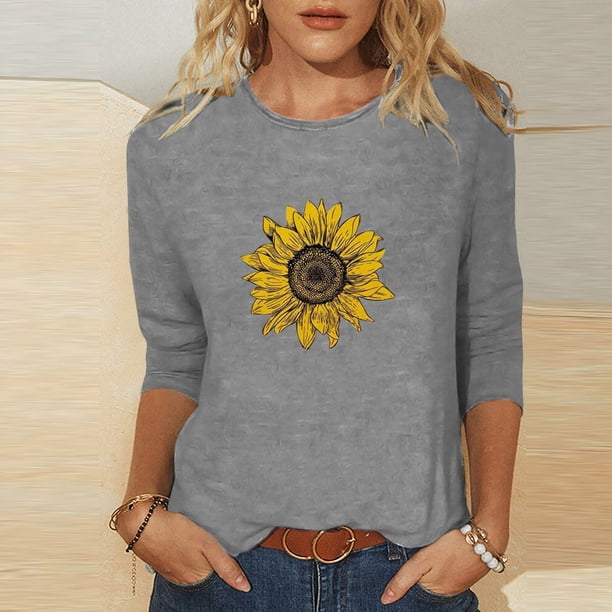 Fiudx Ofertas Flash Del Día Camiseta Estampada a La Moda para Mujer, Blusa de Mangas 3/4, Tops Informales con Cuello Redondo