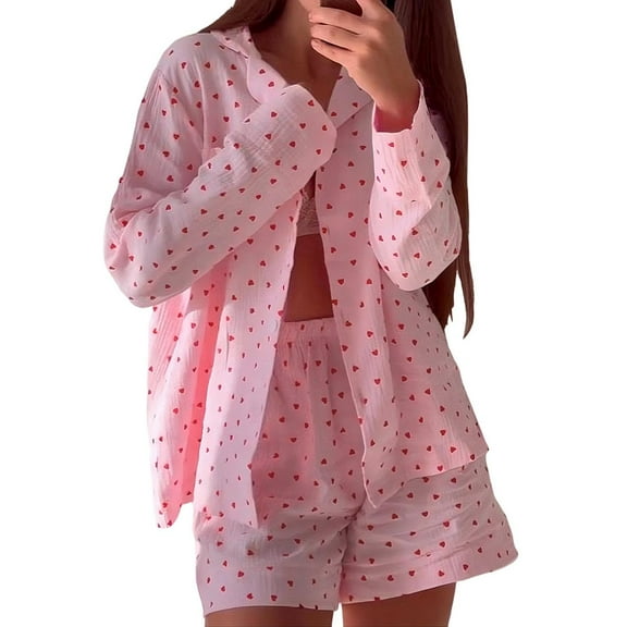 HOWPAY Pajamas for Women Set Valentine'S Day Graphic Causal Long Sleeve Button Down Shirts and Shorts Pj Sets Fall Winter Warm Soft 2 Piece Sleepwear Red L