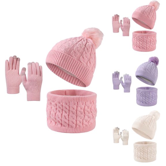 Viluyesy 3 Piece Girls Winter Hat Gloves Scarf Set Knit Fleece Lined Warm Hat and Solid Color Soft Gloves with Scarf White Size Free Size