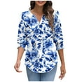 thumbnail image 4 of T-shirts for Women Plus Size 3/4 Sleeve V-Neck Elastic Cuffs Printed Casual T-Shirt Blue M, 4 of 6