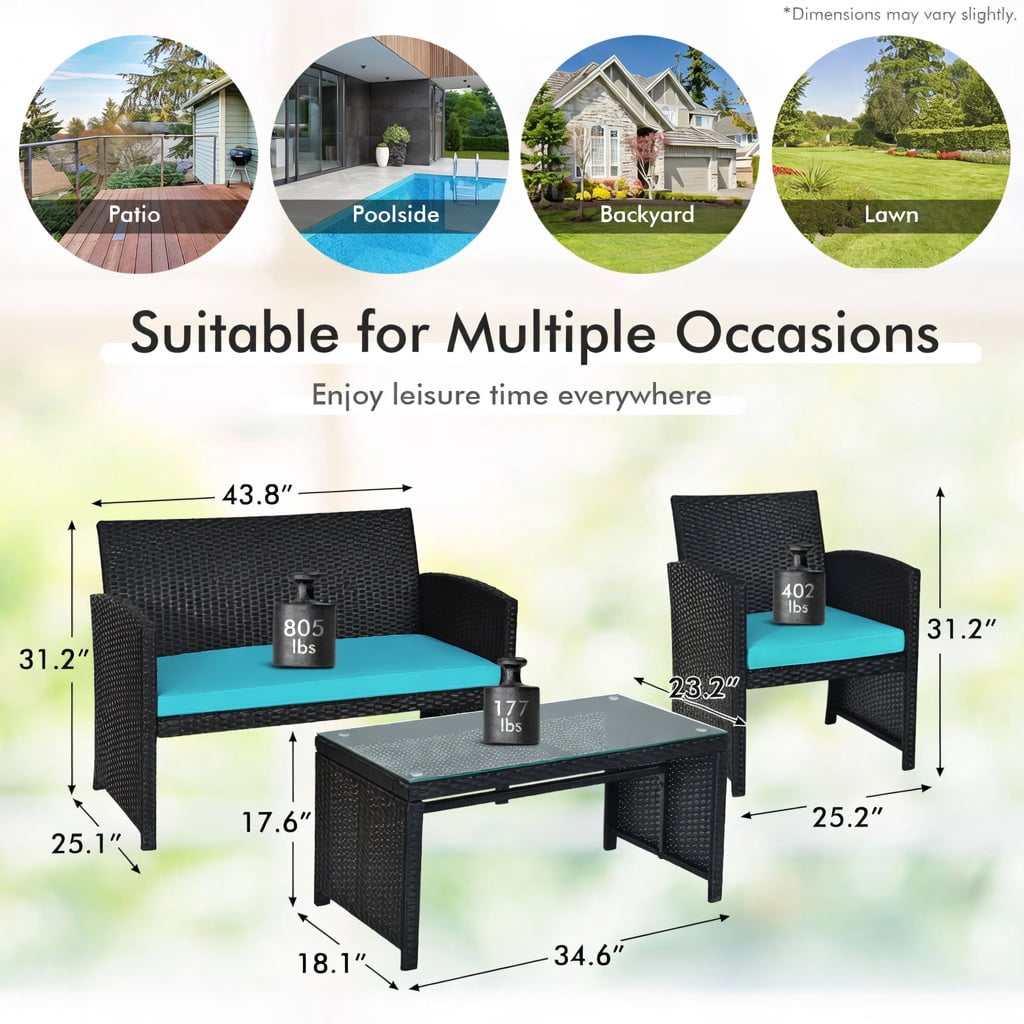 Hommoo 4-Piece Modern Black PE Rattan Patio Furniture Set with Weather-Resistant Cushions, Tempered Glass Coffee Table, Loveseat & 2 Single Sofas for Backyard, Poolside & Balcony, Turquoise
