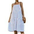 thumbnail image 3 of QAFOPEH Women Stripe Print Sleeveless Open Back Ruffled Tiered Sling Mini Dress, 3 of 7