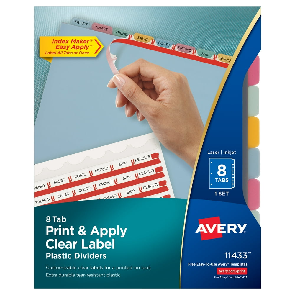 Avery 8Tab Multicolor Plastic Dividers, Easy Print & Apply Clear Label