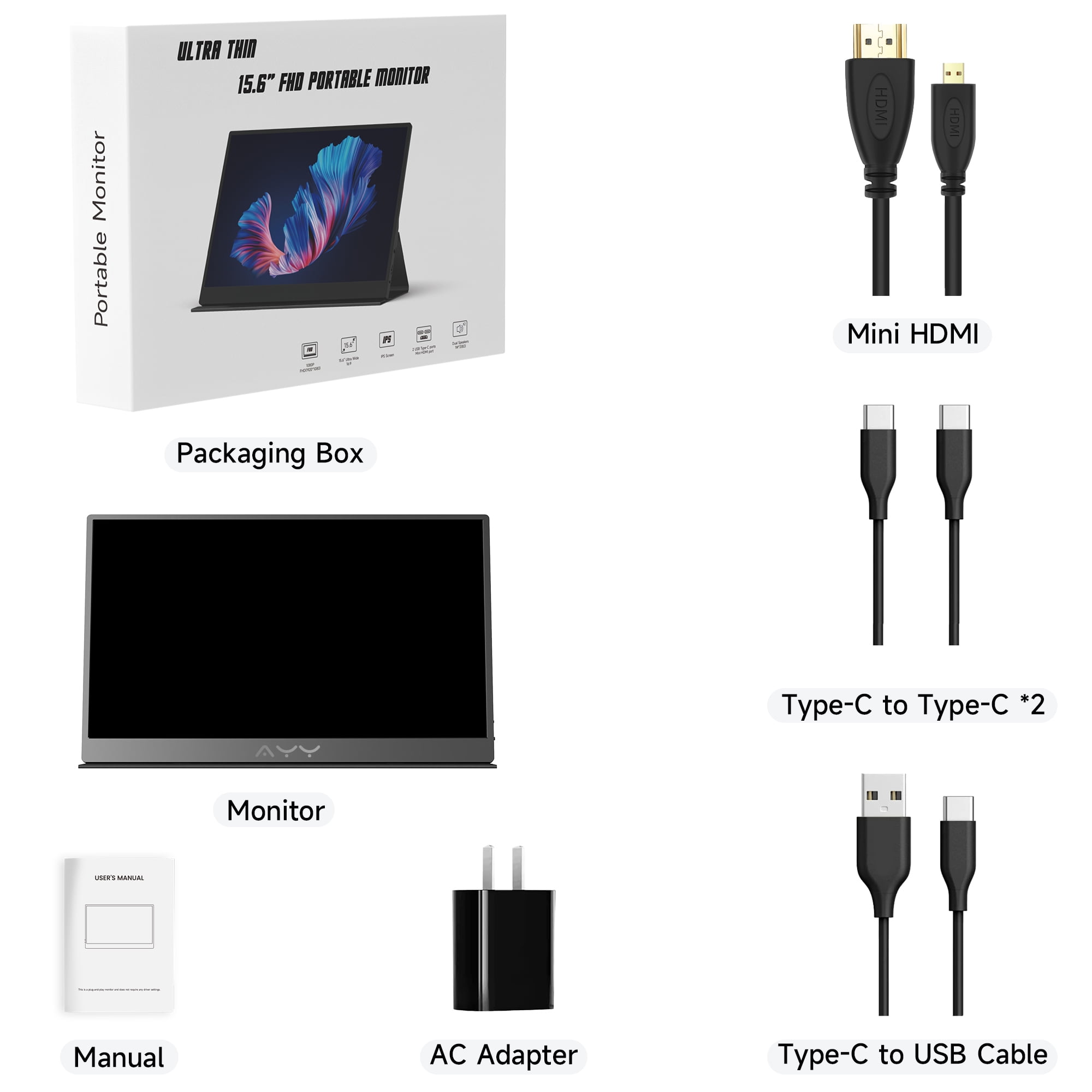 mayceyee 15.6 Inch Portable Monitor for Laptop,FHD 1080P USB C Travel Monitor External IPS HDMI for Computer, Second Display Screen Extender with Kickstand for PC Phone Switch PS4/5