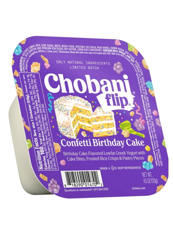 Chobani Flip SS Low-Fat Greek Yogurt, Limited Batch, Confetti Birthday Cake 4.5 oz Plastic