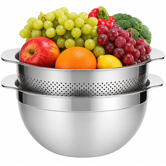 2 Pcs 6 Qt Stainless Steel Colander with Mixing Bowl, 10.0 in Colanders and Strainers Set, 304 Metal Colander with Handle for Washing Pasta, Rice, Vegetable and Fruit
