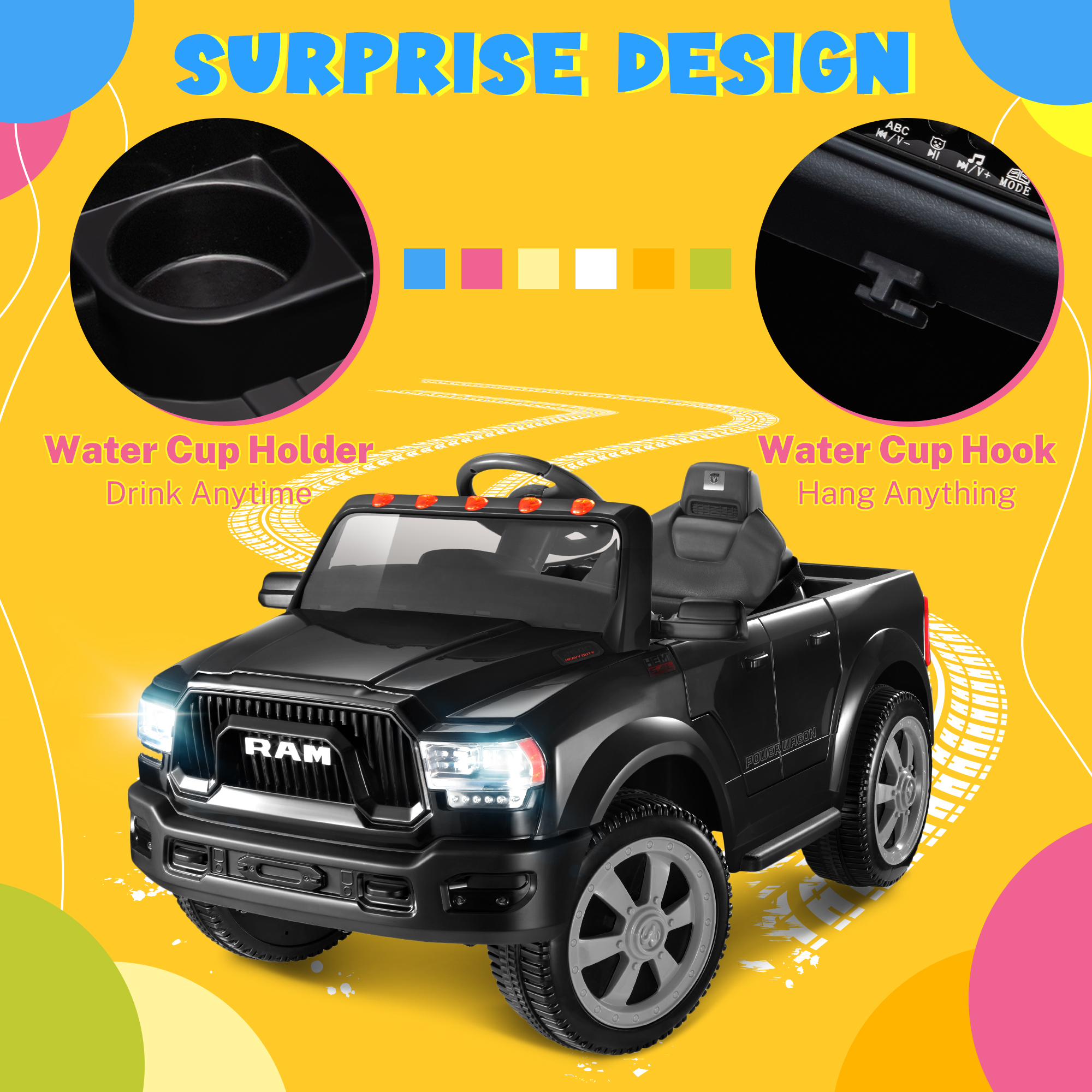 Ram Ride on Cars, 12V Licensed Powered Dodge Ram Ride on Toy Car with Remote Control, Electric Truck Car for Kids 3-5 w/Music Player/LED Headlights/Safety Belt/Water Cup Holder, Black
