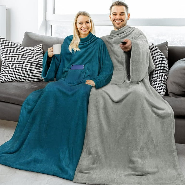 PAVILIA Wearable Blanket with Sleeves for Adults Women Men Teal Blue Fleece Soft Warm Full Body Wrap Throw Front Pocket Cozy Robe Blanket with Arm Gifts for Christmas Mom Wife Walmart