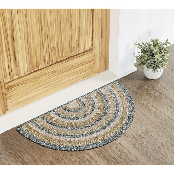 VHC Brands Kaila Farmhouse 19.5"x36" Accent Rug Blue Textured Jute Striped Pad Half Circle Floor Decor