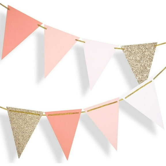 10Ft Pastel Pink Glitter Gold Hanging Paper Triangle Flags Pennant Banner Garlands Backdrops for Wedding Baby Shower Girls Women Birthday Engagement Party Room Nursery Wall Decorations Supplies