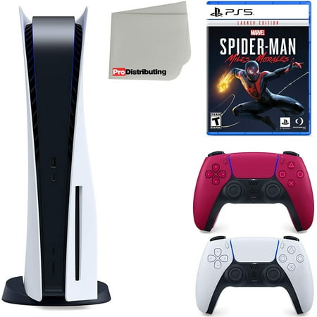 Sony Playstation 5 Disc Version (Sony PS5 Disc) with Cosmic Red Extra Controller, Marvel’s Spider-Man: Miles Morales Launch Edition and Microfiber Cleaning Cloth Bundle