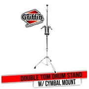 Griffin Double Tom Drum Stand with Cymbal Arm - Percussion Set Hardware with Dual Drum Mounts Medium Duty Tom Holder with Double Braced Tripod Legs