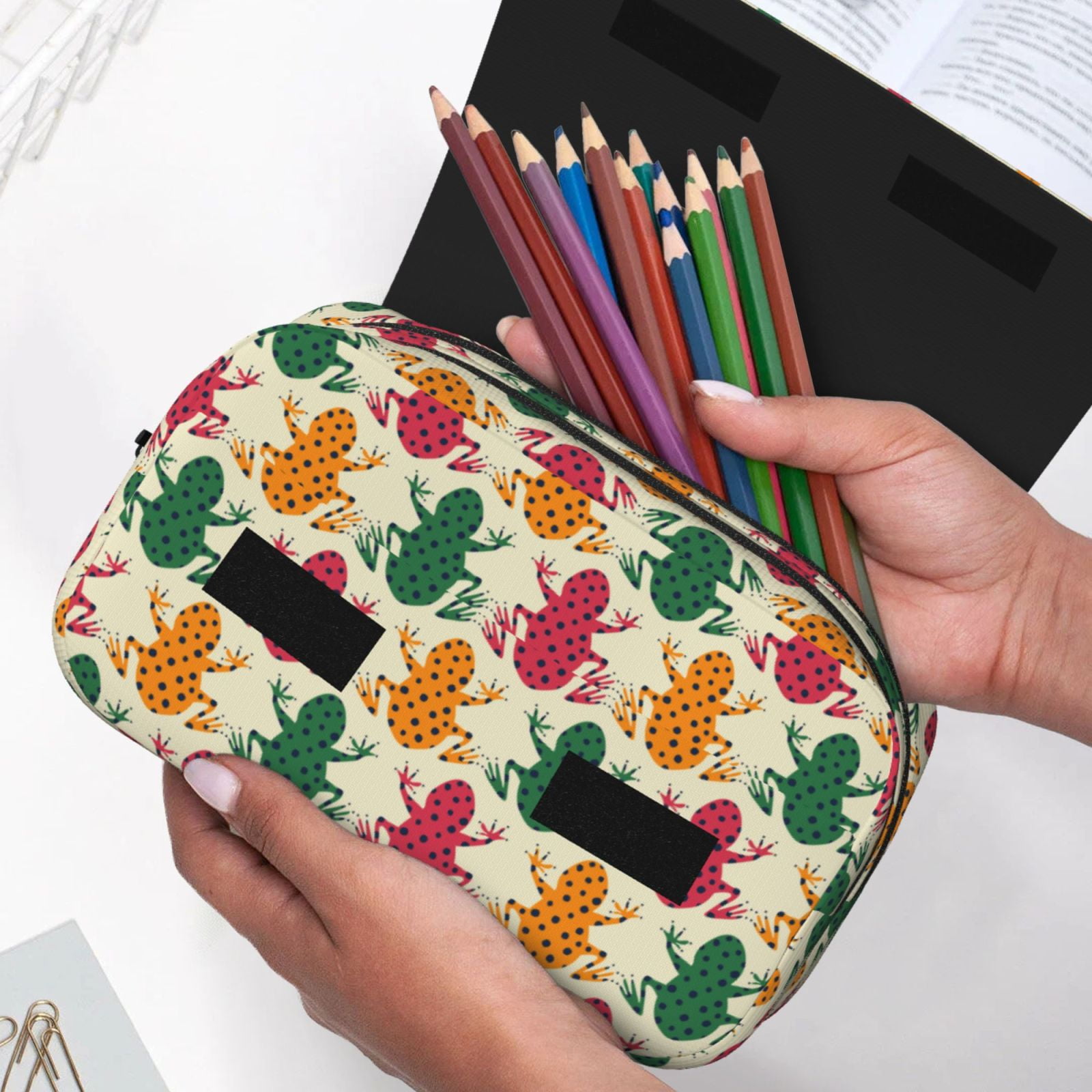 Rateoe Colorful Frogs Pattern Double Clamshell Pen Case, Storage Organizer with Two Zipper Compartments– Holds Up to 50 Pencils & Pens