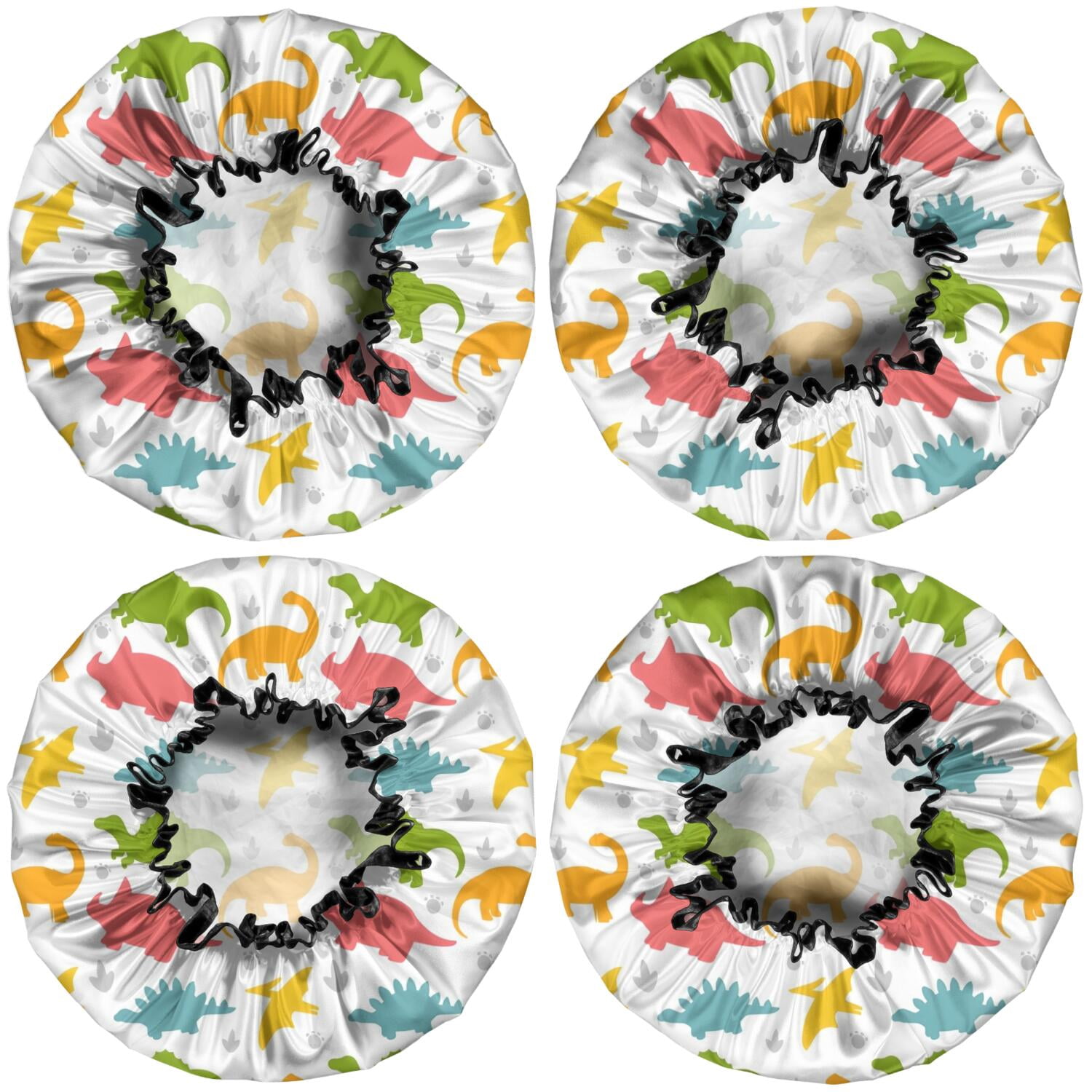 Shower Caps,Colorful Dinosaurs DiverseSilhouettes Pattern Waterproof Shower Cap for Women 4 Pieces,Double Reusable Hair Cover for Shower PEVA Elastic Stretch Hem