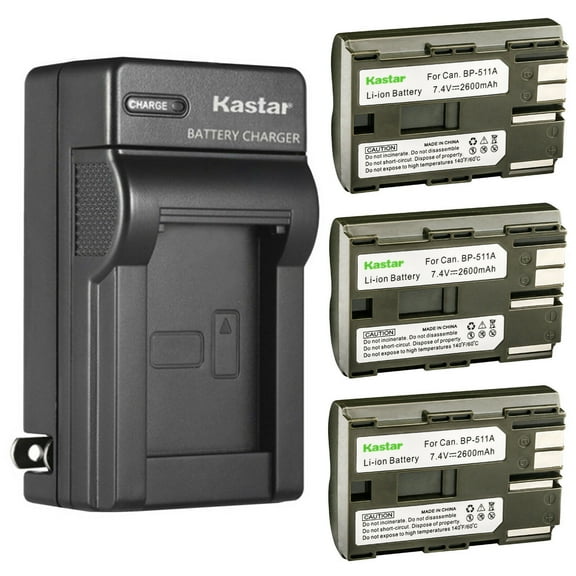 Kastar 3 Pack BP-511 BP-511A Battery and AC Wall Charger Compatible with Canon FVM10 IXY DVM DM-MVX1i MVX1i DM-MVX2i MVX2i DM-MVX3i MVX3i DM-MVX100i MVX100i DM-MVX150i MVX150i DM-MVXLi MVXLi Cameras