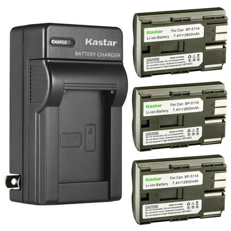 Image of Kastar 3 Pack BP-511 BP-511A Battery and AC Wall Charger Compatible with Canon FV30 DM-FV40 FV40 DM-FV50 FV50 DM-FV100 FV100 DM-FV200 FV200 DM-FV300 FV300 DM-FV400 FV400 DM-FVM1 FVM1 DM-FVM10 Cameras