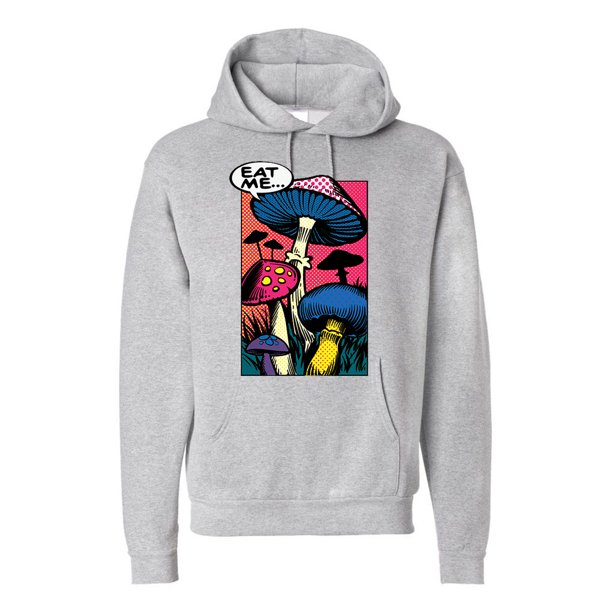 Koyotee Men's Comic Mushrooms Gray Pullover Hoodie Sweater Large Gray