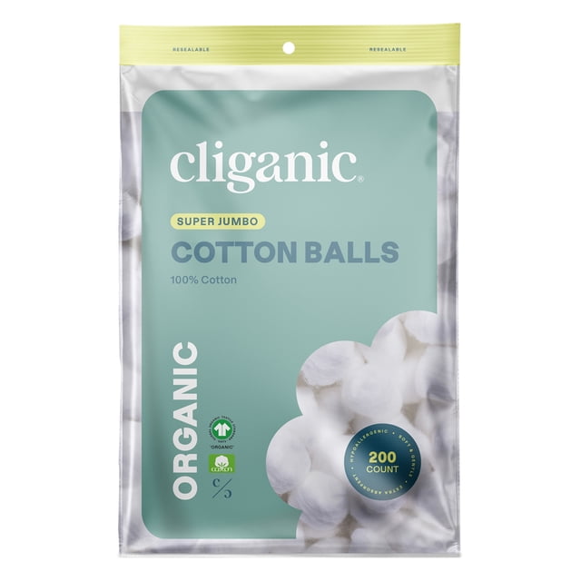 Cliganic Organic Super Jumbo Cotton Balls, Almohadillas de Algodón, 200 Uds