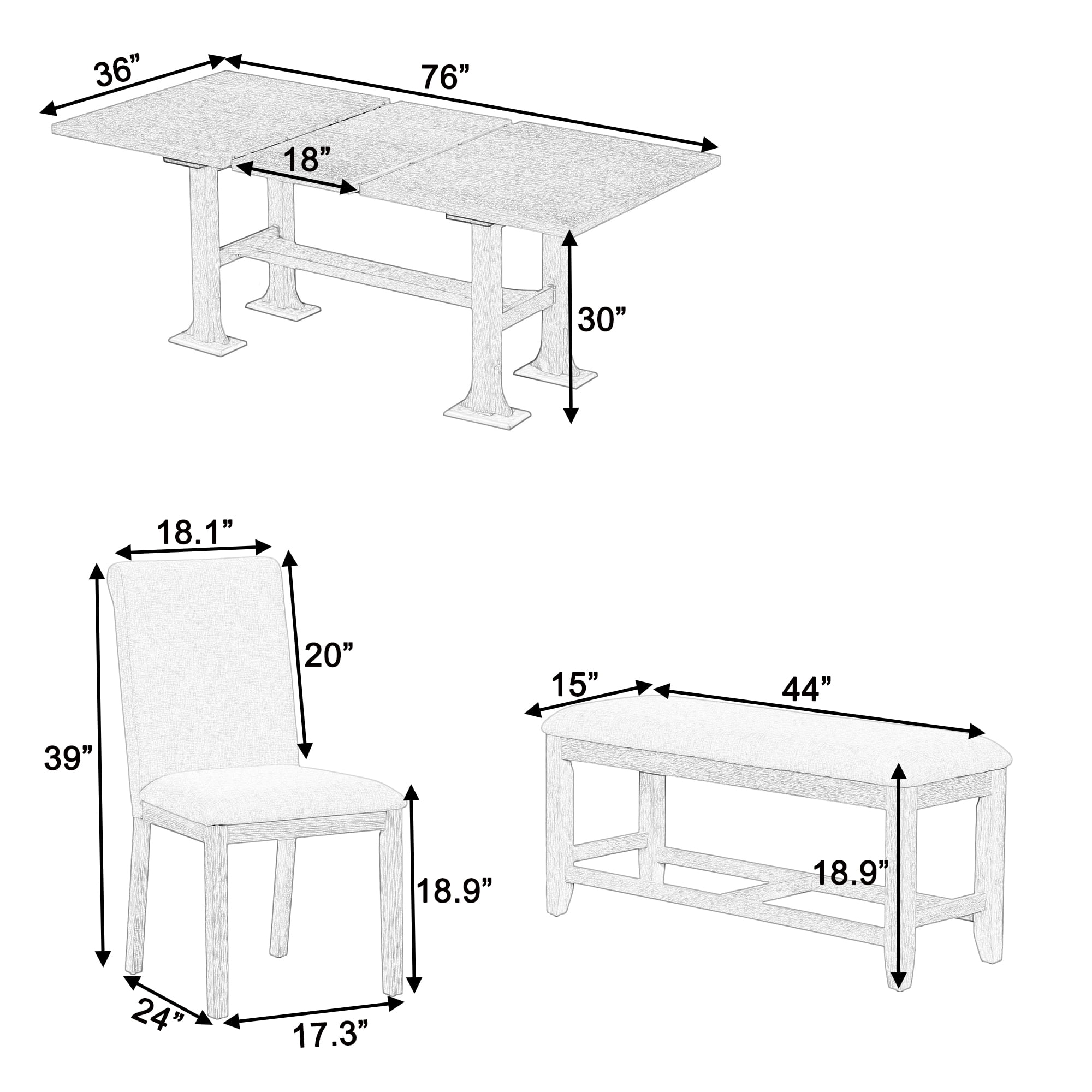 6-Piece Dining Table Set for 6, 58"-76" Extendable Dining Table with Removable Leaf, 4 Chair and Bench