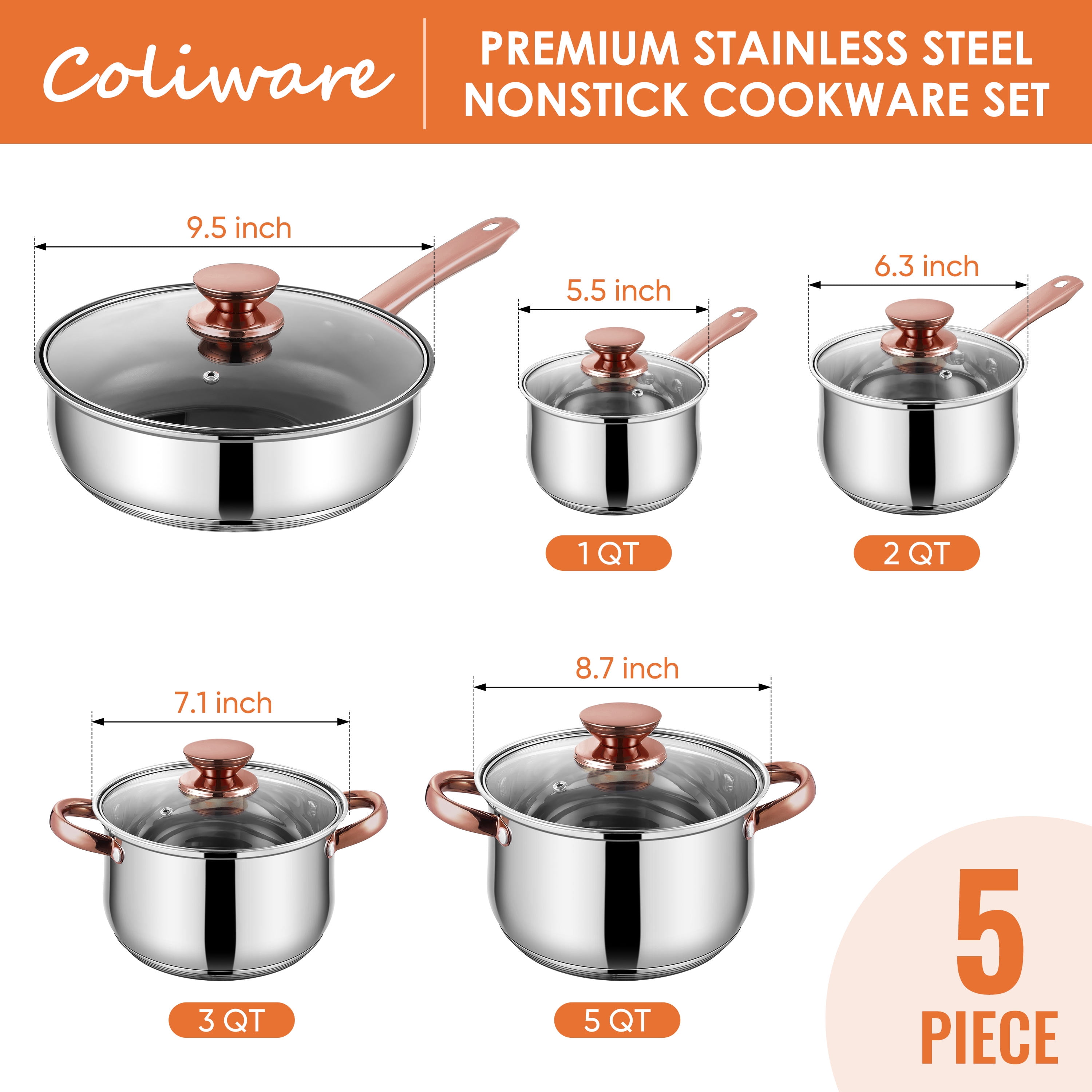 Coliware Rose Gold Pots and Pans Set, 5Pcs Stainless Steel Cookware Sets with Stock Pots Saucepans Frying Pans, Non-Stick Commercial Cooking Set Compatible with All Stovetops, Dishwasher Safe