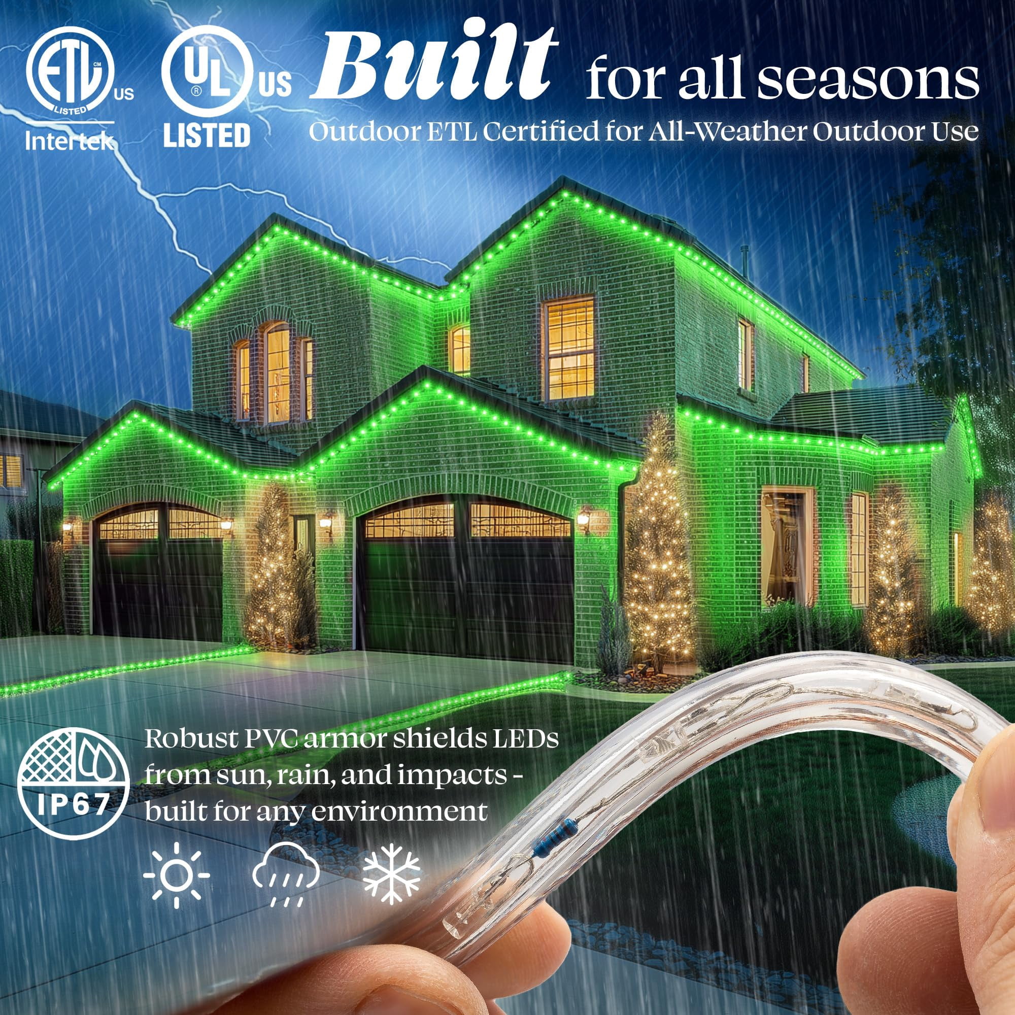 West Ivory 576LEDs, 50ft LED Green Outside Rope Light Waterproof Permanent Outdoor Exterior Extendable Flexible Clear Shell Connectable, ETL Safety Certified Holiday Christmas Decoration Lighting