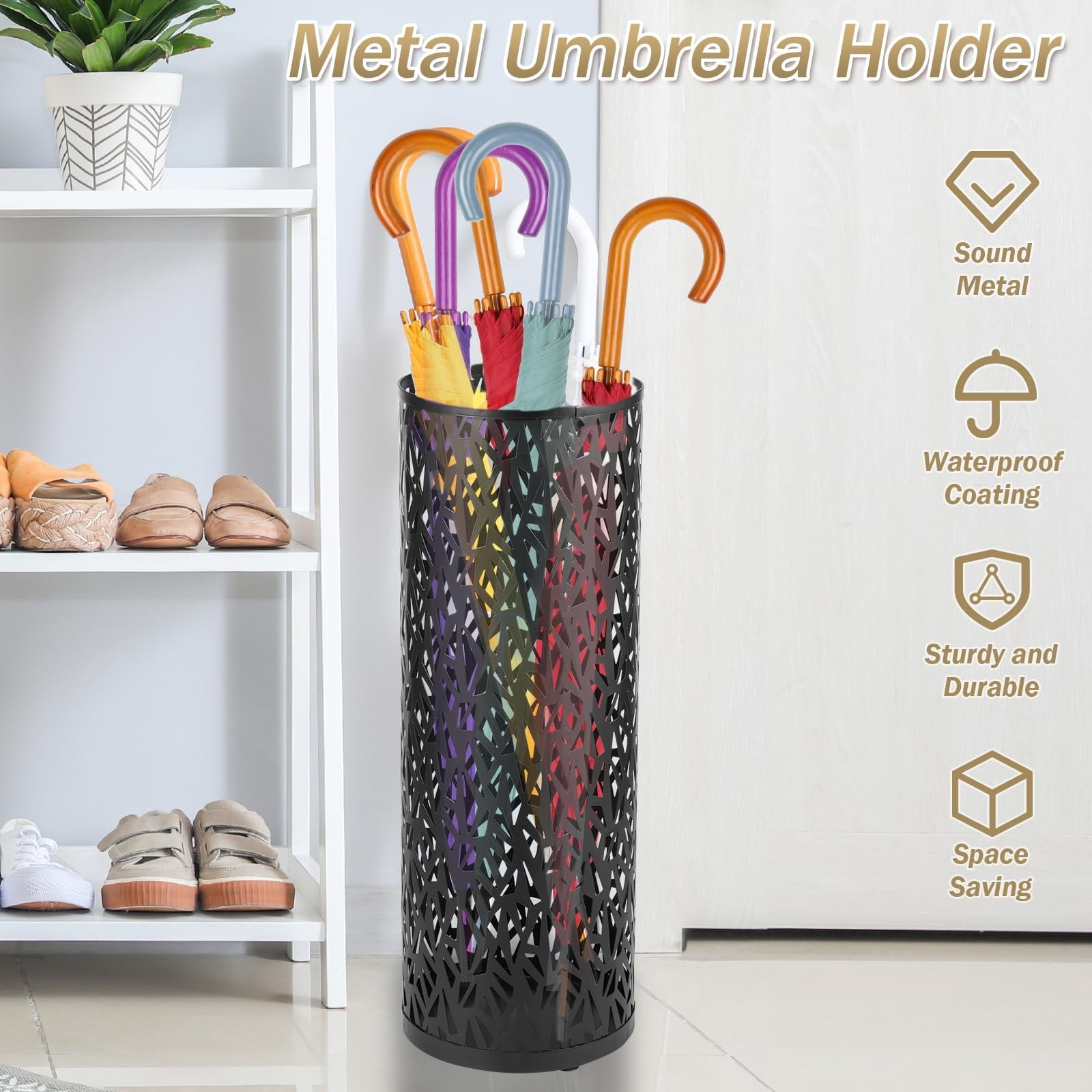 Metal Umbrella Holder - Hollow Design, Quick Drying, 4-6 Umbrellas Capacity - for Home/Hotel Entrances